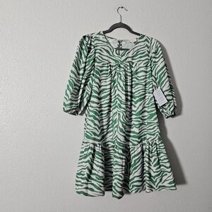 Melloday Green Zebra Print Tiered Dress Sz L